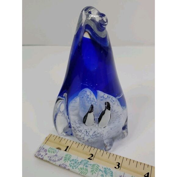 Art Glass Penguin with Two Penguins inside Cobalt Blue Tall Arctic Paperweight - Picture 7 of 7